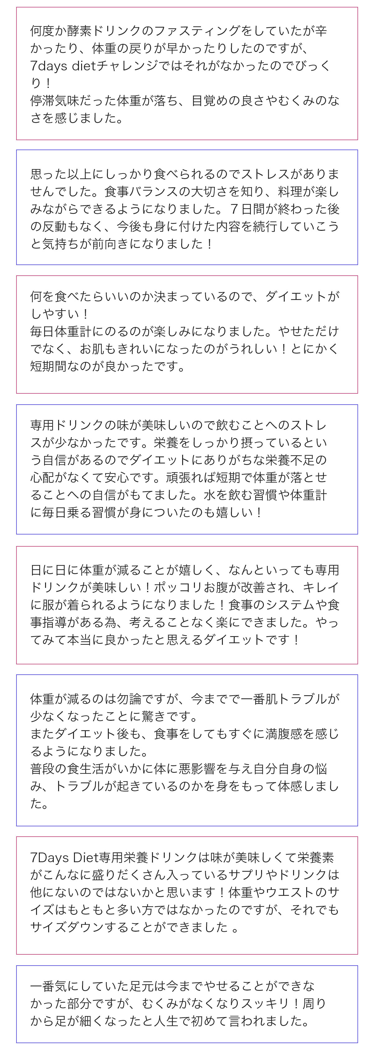 何度か酵素ドリンクのファスティングをしていたが辛かったり、体重の戻りが早かったりしていたのですが、7DaysDietチャレンジではそれがなかったのでびっくり！停滞気味だった体重が落ち、目覚めの良さやむくみのなさを感じました。…