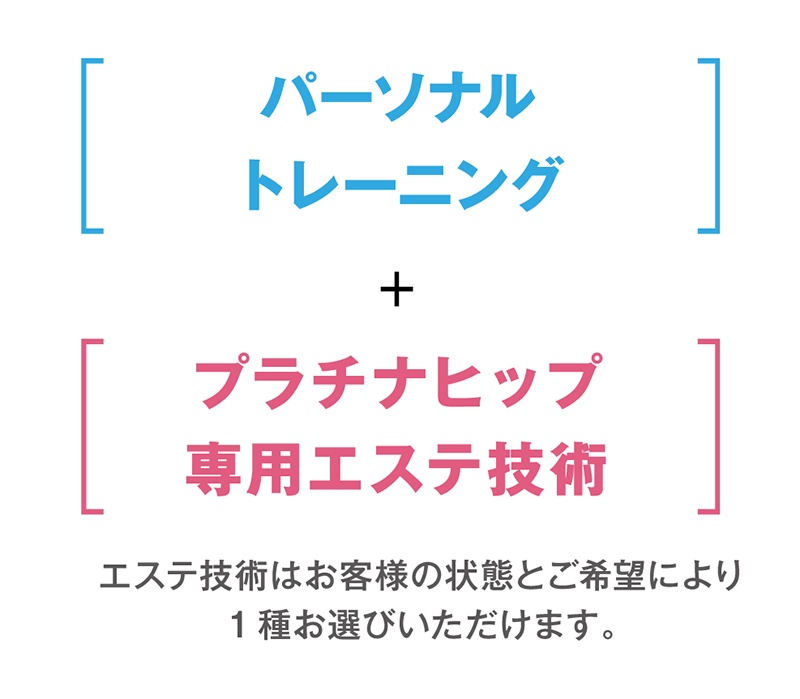 パーソナルトレーニング+プラチナヒップ専用エステ技術 エステ技術はお客様の状態とご希望により1種お選びいただけます。